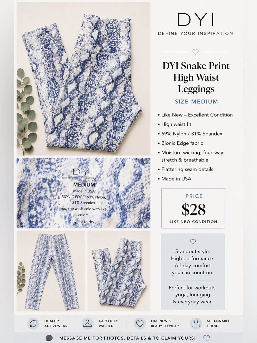 DYI Blue and White Snake Print High Waist Leggings